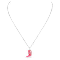 Cowgirl Chic Unique Pink Enamel And Crystal Textured Western Cowboy Boot Silver Tone 3D Pendant Necklace, 18"+3" Extender