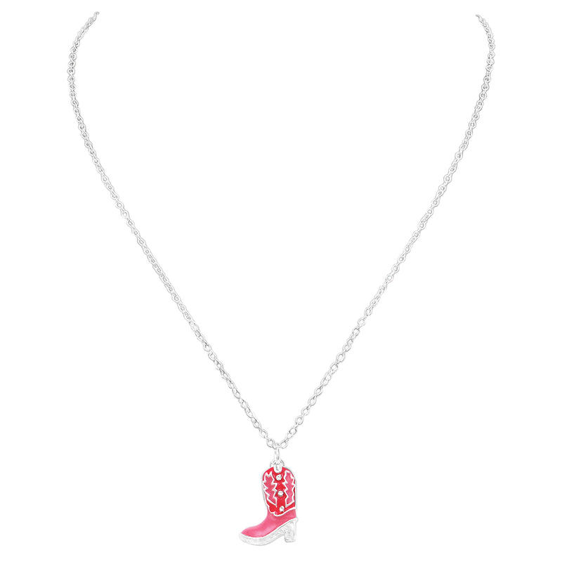 Cowgirl Chic Unique Pink Enamel And Crystal Textured Western Cowboy Boot Silver Tone 3D Pendant Necklace, 18"+3" Extender