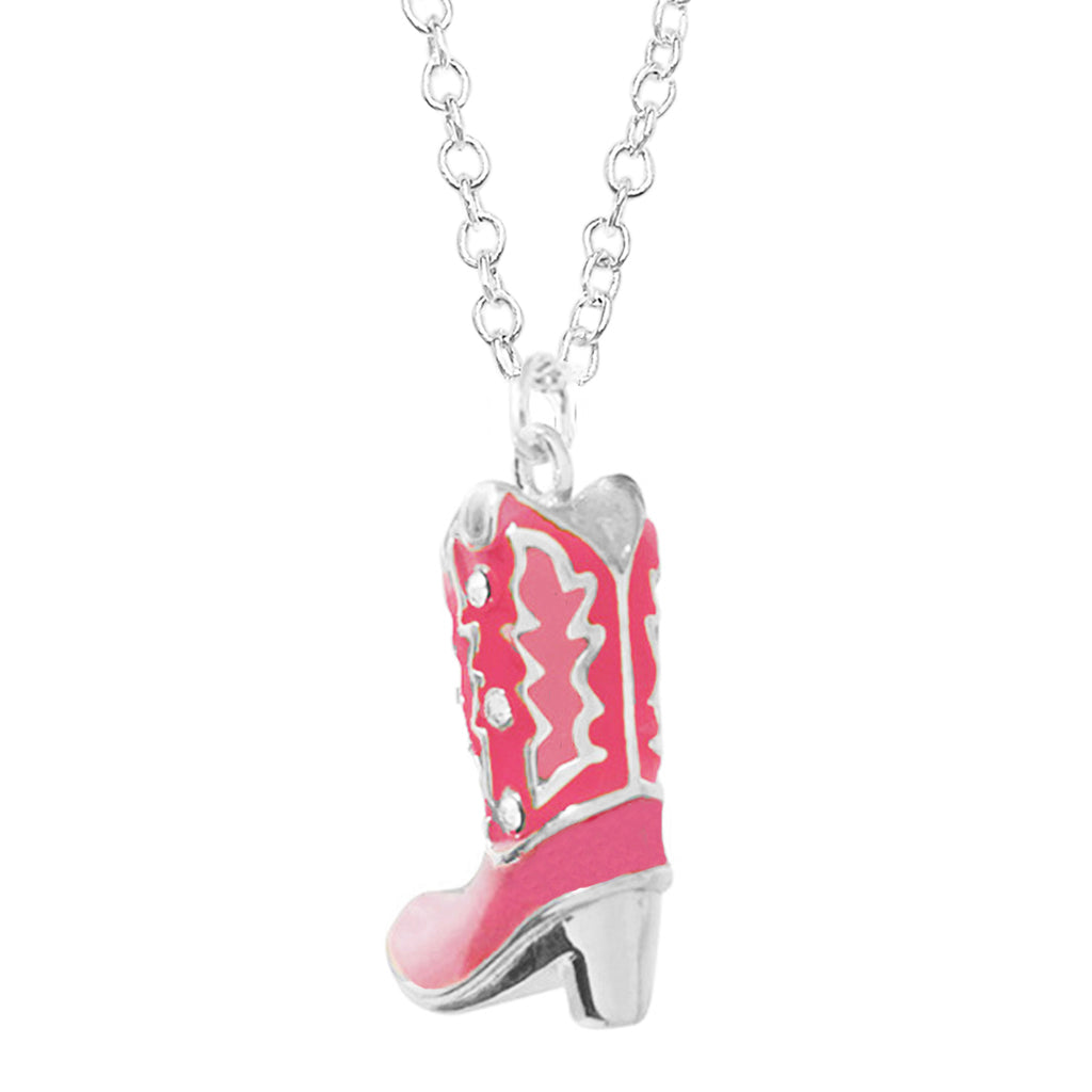 Cowgirl Chic Unique Pink Enamel And Crystal Textured Western Cowboy Boot Silver Tone 3D Pendant Necklace, 18"+3" Extender