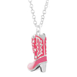 Cowgirl Chic Unique Pink Enamel And Crystal Textured Western Cowboy Boot Silver Tone 3D Pendant Necklace, 18