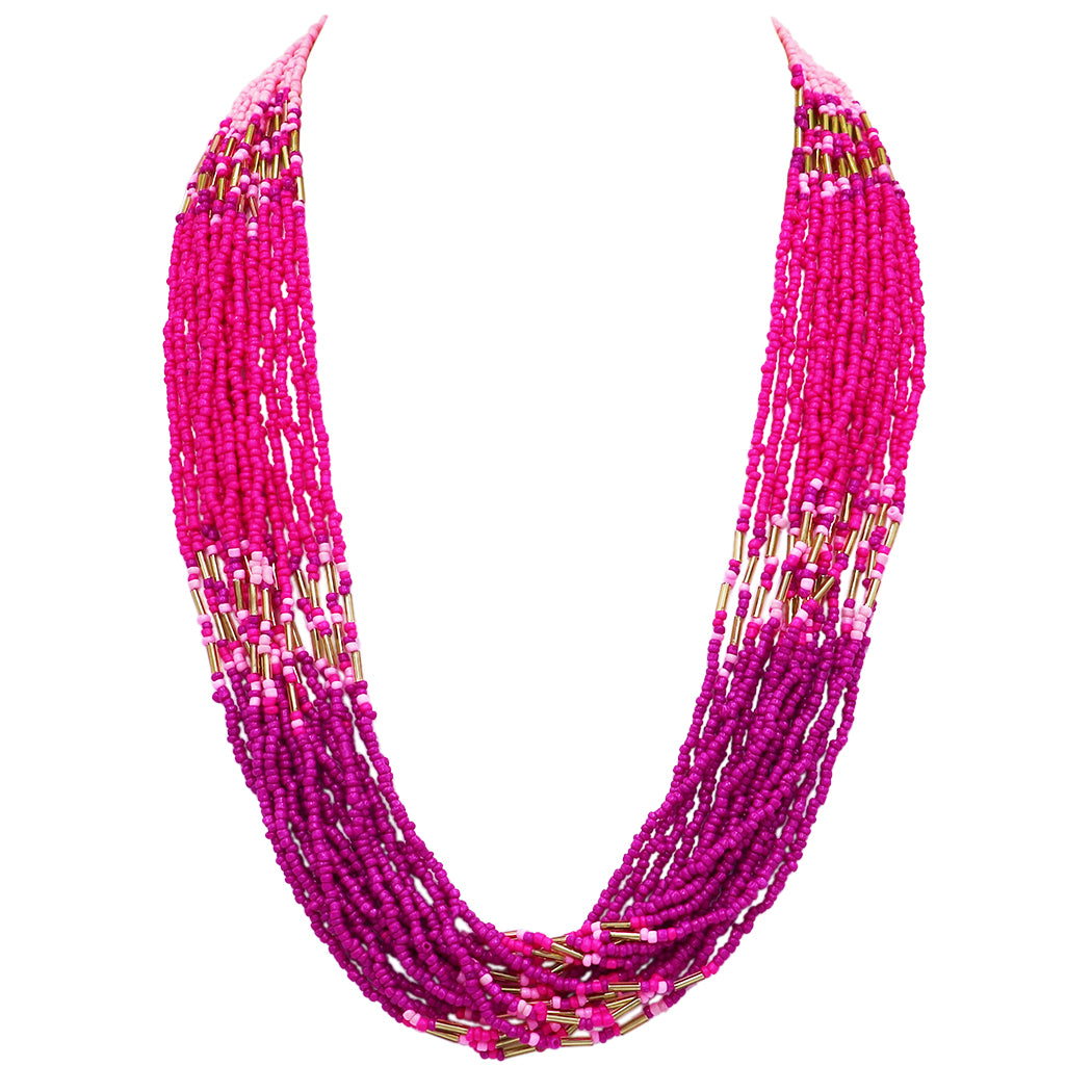 rose gold seed beads Vibrant Pink Ombre Seed Bead Statement Bohemian Multi-Strand Gold Tone Necklace, 24