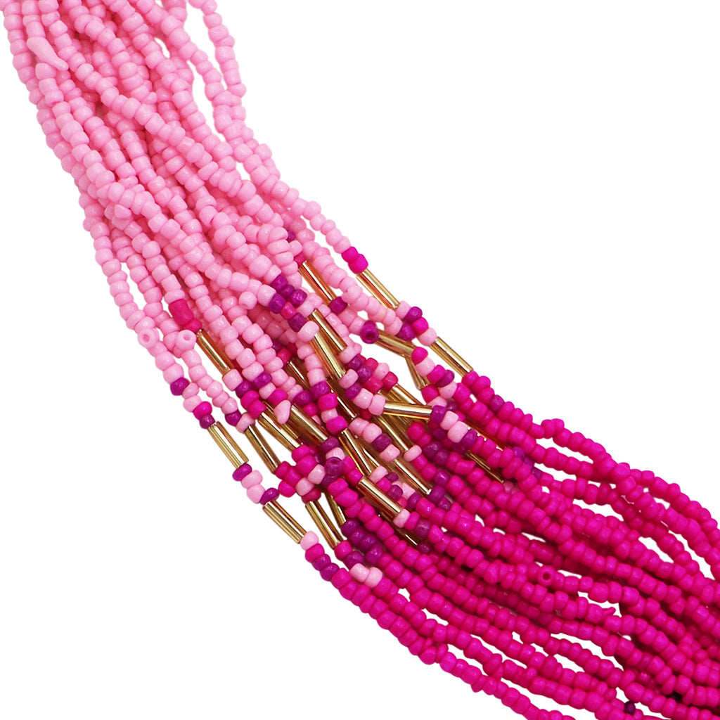 Vibrant Pink Ombre Seed Bead Statement Bohemian Multi-Strand Gold Tone Necklace, 24"+3" Extender
