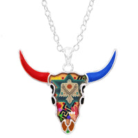 Whimsical Steer Head Pendant With Colorful Enamel Western Print Silver Tone Necklace, 24"+3" Extender
