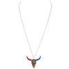 Whimsical Steer Head Pendant With Colorful Enamel Western Print Silver Tone Necklace, 24"+3" Extender