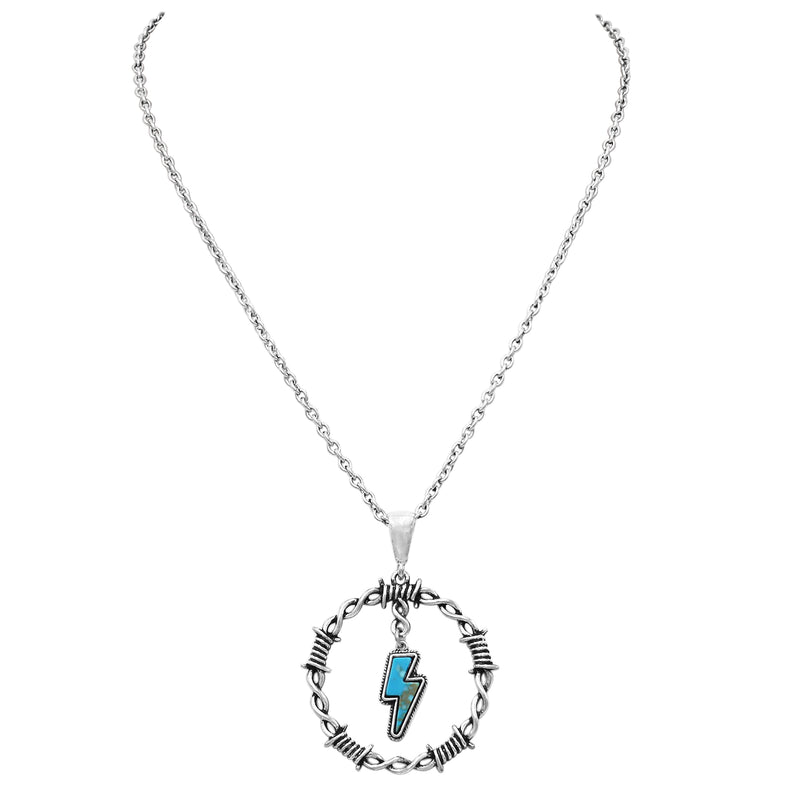 Women's Western Style Lightning Bolt With Colorful Turquoise Blue Semi Precious Natural Howlite Stone Circle Pendant Necklace, 18"+3" Extender