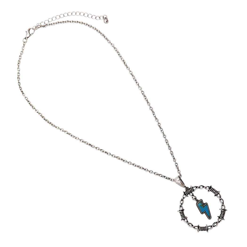 Women's Western Style Lightning Bolt With Colorful Turquoise Blue Semi Precious Natural Howlite Stone Circle Pendant Necklace, 18"+3" Extender
