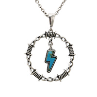 Women's Western Style Lightning Bolt With Colorful Turquoise Blue Semi Precious Natural Howlite Stone Circle Pendant Necklace, 18"+3" Extender