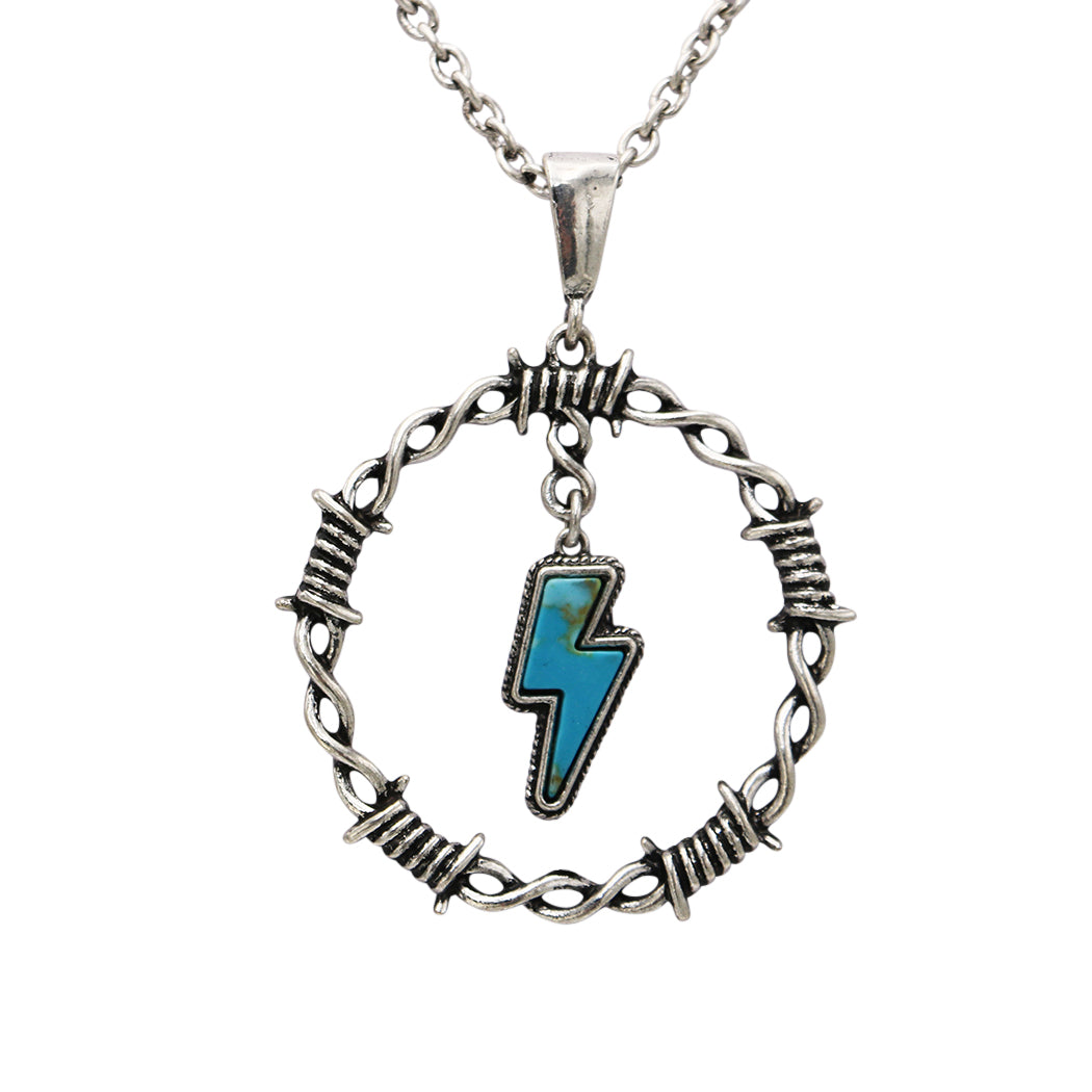 Women's Western Style Lightning Bolt With Colorful Turquoise Blue Semi Precious Natural Howlite Stone Circle Pendant Necklace, 18"+3" Extender