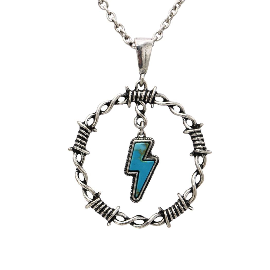 Western Turquoise Howlite Lightning Bolt Circle Pendant Necklace, Semi Precious Stone, 18"+3" Extender