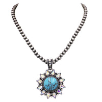 Women's Cowgirl Chic Sunflower Medallion Turquoise Blue Howlite Stone With Crystal Rhinestone Pendant On Western Navajo Pearl Strand Necklace, 16"+3" Extension