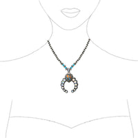 Women's Cowgirl Chic AB Crystal Rhinestones And Turquoise Blue Howlite Stone Squash Blossom Western Pieces (Pendant On Navajo Pearl Strand Necklace,18"+3" Extension)