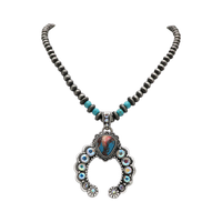 Women's Cowgirl Chic AB Crystal Rhinestones And Turquoise Blue Howlite Stone Squash Blossom Western Pieces (Pendant On Navajo Pearl Strand Necklace,18"+3" Extension)