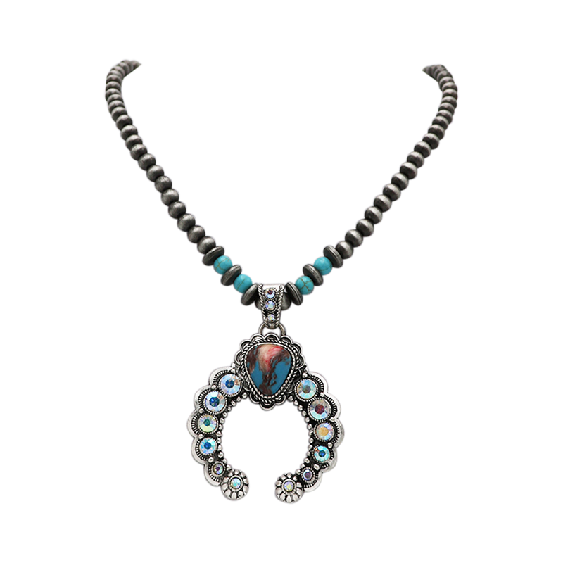 Women's Cowgirl Chic AB Crystal Rhinestones And Turquoise Blue Howlite Stone Squash Blossom Western Pieces (Pendant On Navajo Pearl Strand Necklace,18"+3" Extension)