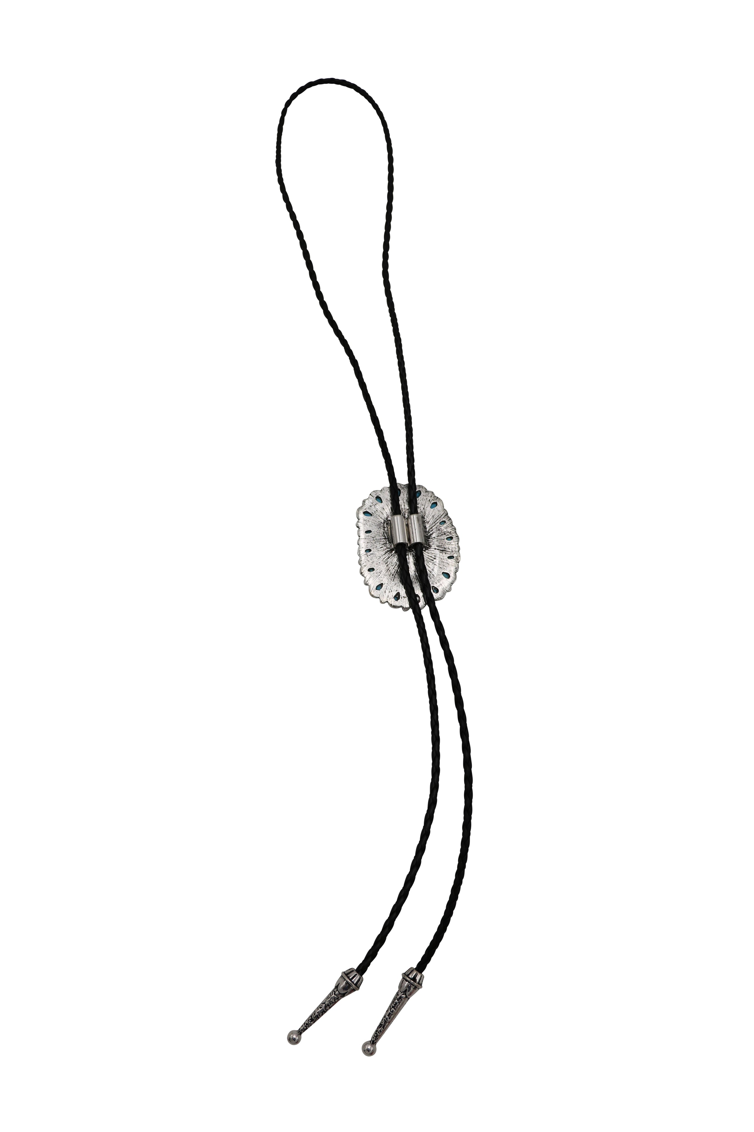 Vintage Western Bolo Tie, Turquoise Howlite Stone Pendant with Silver Tone Accents, Black Braided Faux Leather, 22 Inch