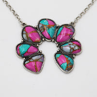 Western Navajo Squash Blossom Necklace, Pink and Turquoise Stone, Silver Beaded Frame, 18-21 Inch Chain with Extension, Southwestern Style