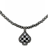 Checkered Western Spade Pendant Choker Necklace, Black and White, Beaded Chain, Antique Silver Finish, 14-17 Inch
