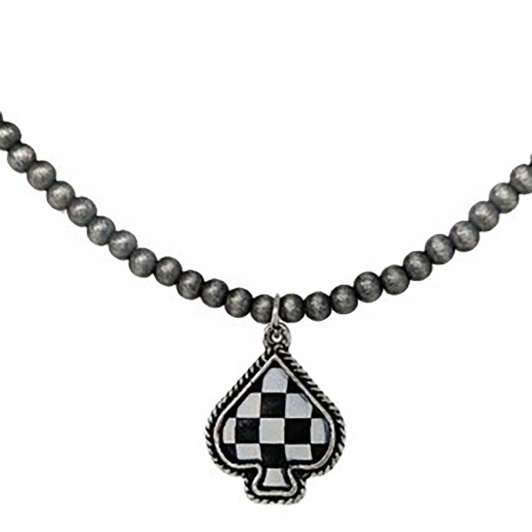 Checkered Western Spade Pendant Choker Necklace, Black and White, Beaded Chain, Antique Silver Finish, 14-17 Inch