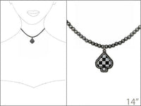 Checkered Western Spade Pendant Choker Necklace, Black and White, Beaded Chain, Antique Silver Finish, 14-17 Inch
