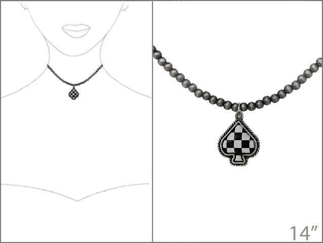 Checkered Western Spade Pendant Choker Necklace, Black and White, Beaded Chain, Antique Silver Finish, 14-17 Inch