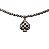 Checkered Western Spade Pendant Choker Necklace, Black and White, Beaded Chain, Antique Silver Finish, 14-17 Inch