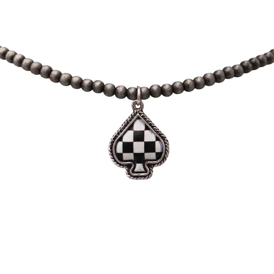 Checkered Western Spade Pendant Choker Necklace, Black and White, Beaded Chain, Antique Silver Finish, 14-17 Inch