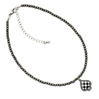 Checkered Western Spade Pendant Choker Necklace, Black and White, Beaded Chain, Antique Silver Finish, 14-17 Inch