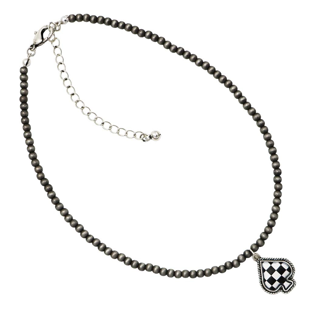 Checkered Western Spade Pendant Choker Necklace, Black and White, Beaded Chain, Antique Silver Finish, 14-17 Inch
