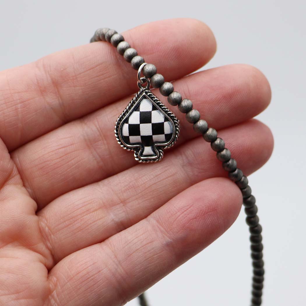 Checkered Western Spade Pendant Choker Necklace, Black and White, Beaded Chain, Antique Silver Finish, 14-17 Inch