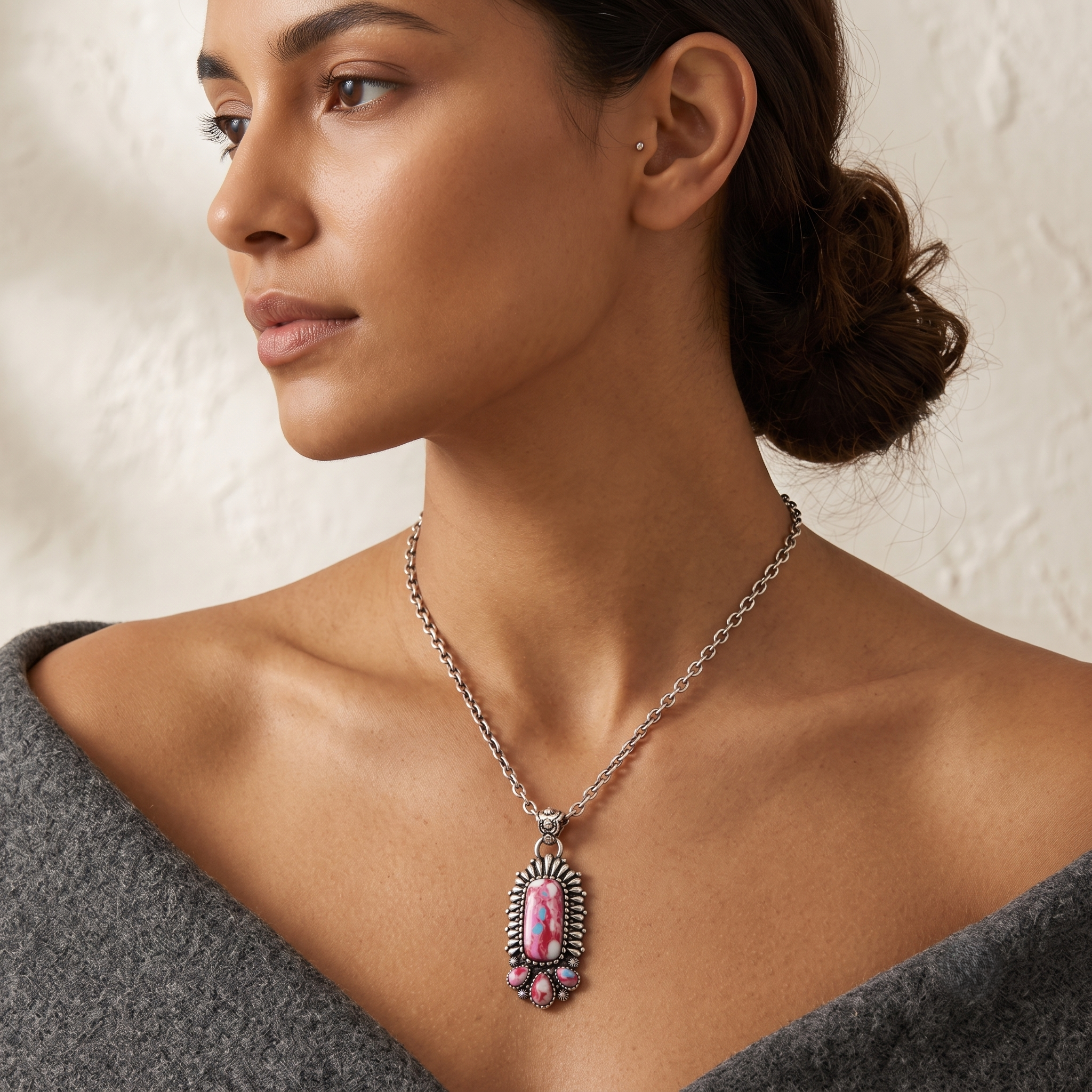 Western Howlite Bar Pendant Necklace, Burnished Silver, 18+3 Inch (Pink Multi)