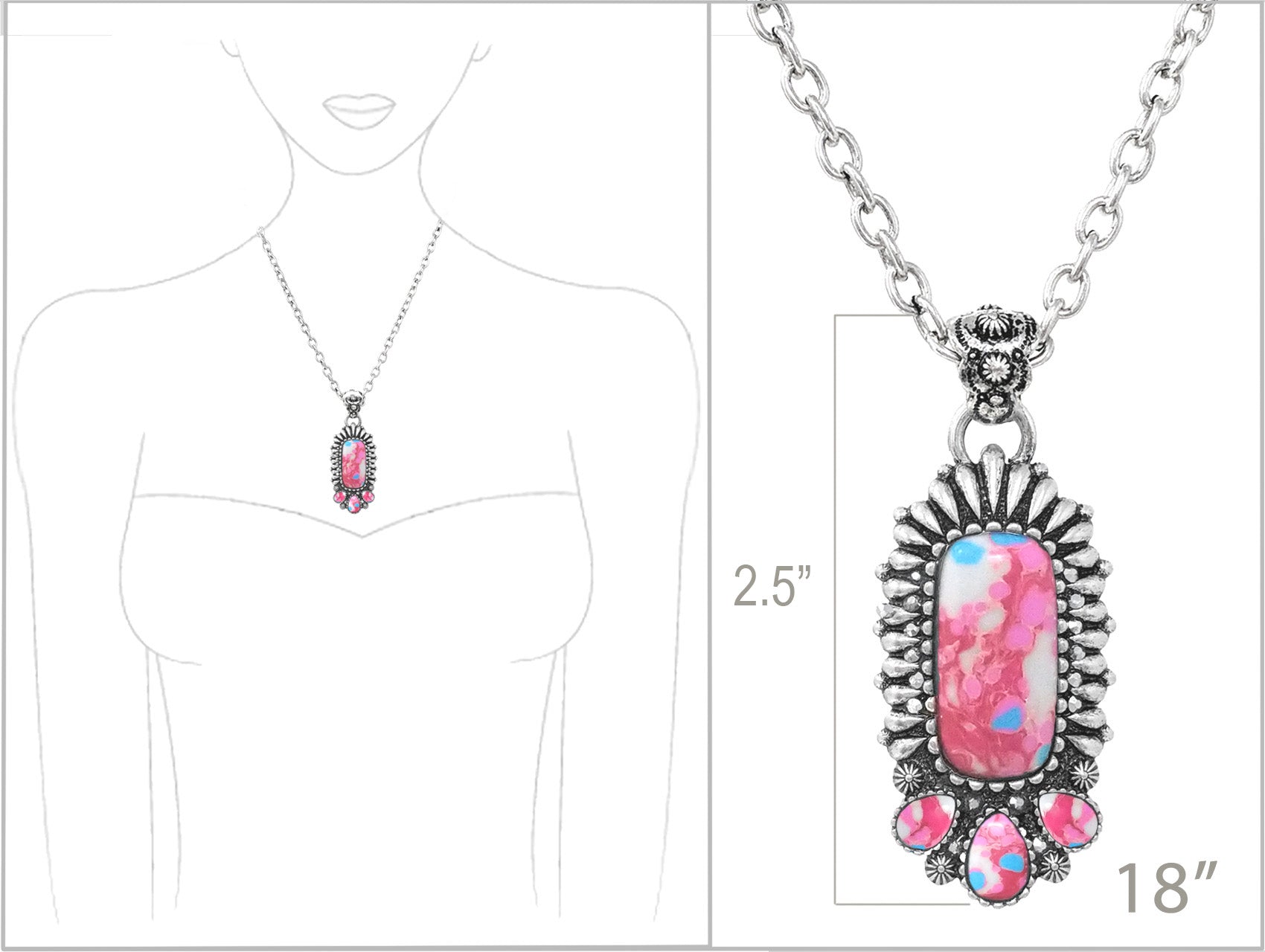Western Howlite Bar Pendant Necklace, Burnished Silver, 18+3 Inch (Pink Multi)