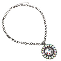 Western Hummingbird Medallion Pendant Necklace with Teardrop AB Crystals, Silver, 22+3