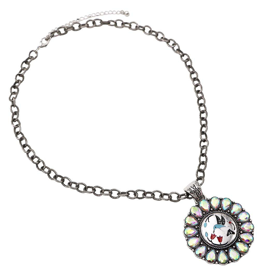Western Hummingbird Medallion Pendant Necklace with Teardrop AB Crystals, Silver, 22+3