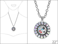 Western Hummingbird Medallion Pendant Necklace with Teardrop AB Crystals, Silver, 22+3