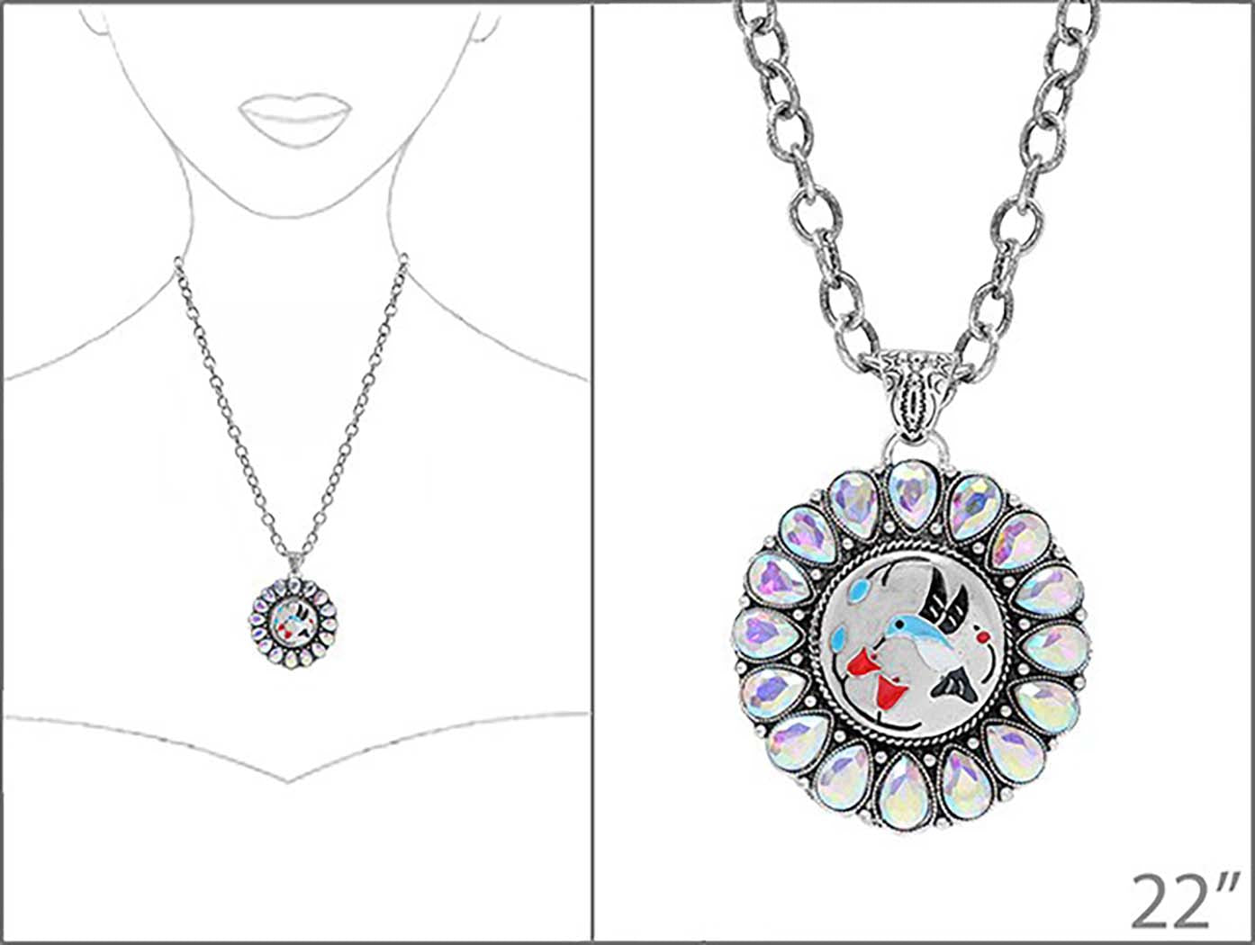 Western Hummingbird Medallion Pendant Necklace with Teardrop AB Crystals, Silver, 22+3