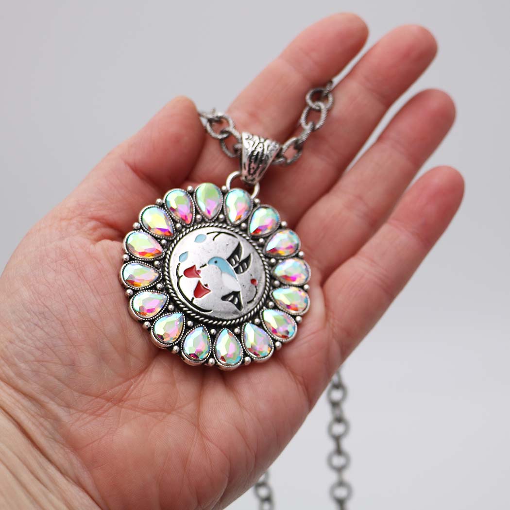 Western Hummingbird Medallion Pendant Necklace with Teardrop AB Crystals, Silver, 22+3