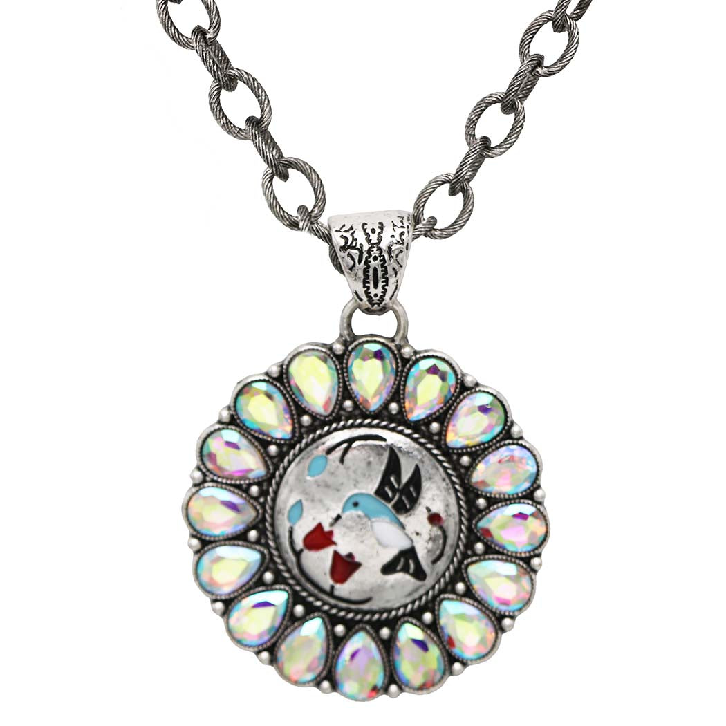 Western Hummingbird Medallion Pendant Necklace with Teardrop AB Crystals, Silver, 22+3