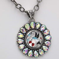 Western Hummingbird Medallion Pendant Necklace with Teardrop AB Crystals, Silver, 22+3