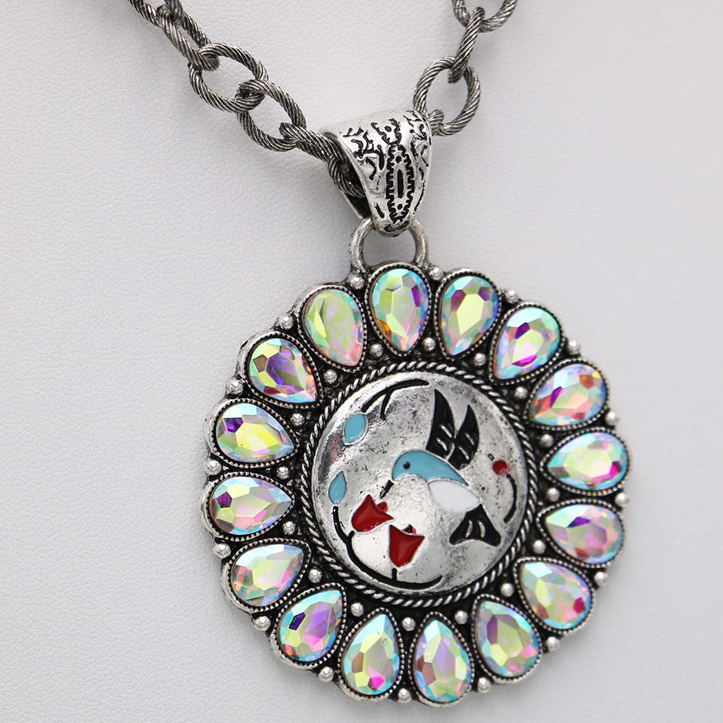 Western Hummingbird Medallion Pendant Necklace with Teardrop AB Crystals, Silver, 22+3