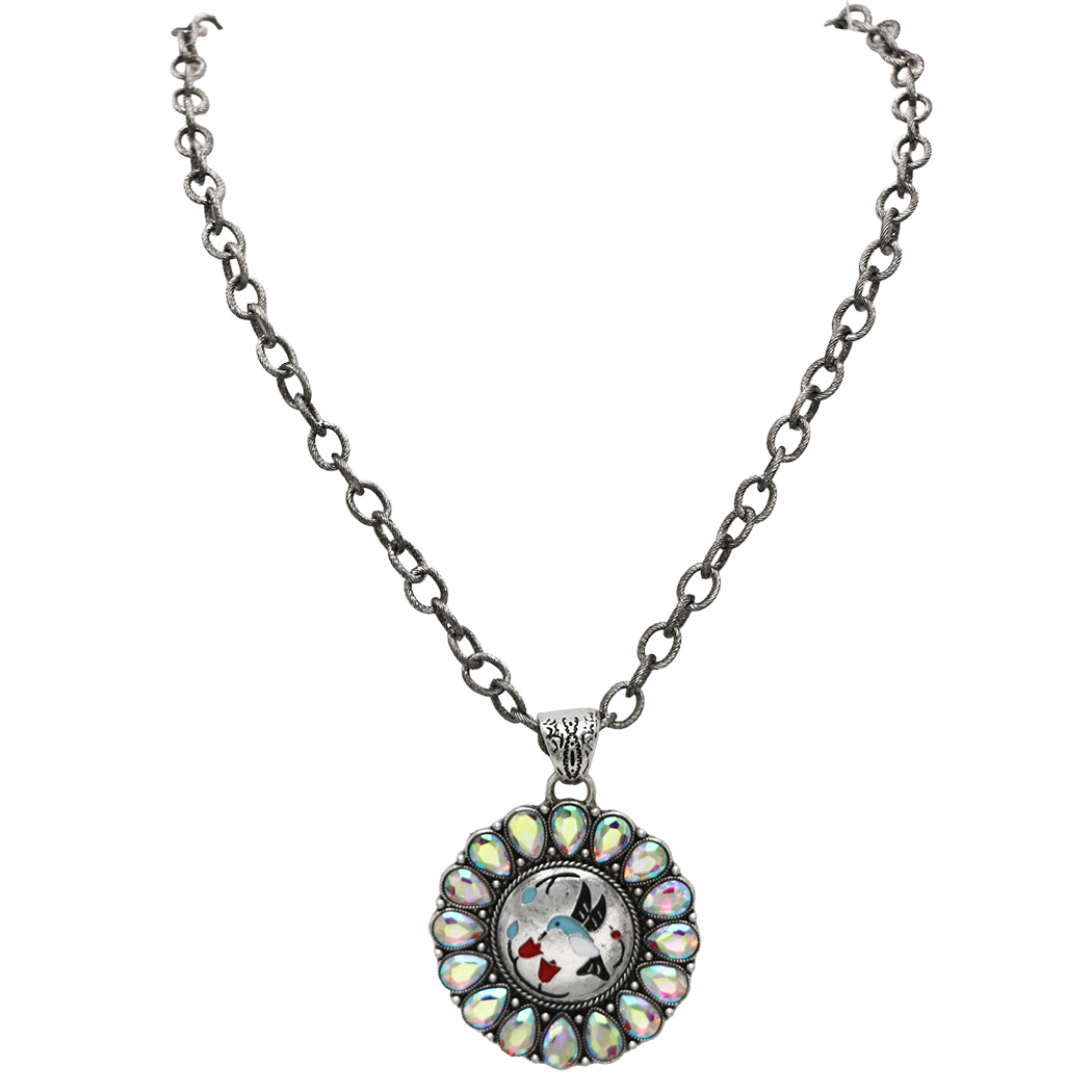 Western Hummingbird Medallion Pendant Necklace with Teardrop AB Crystals, Silver, 22+3