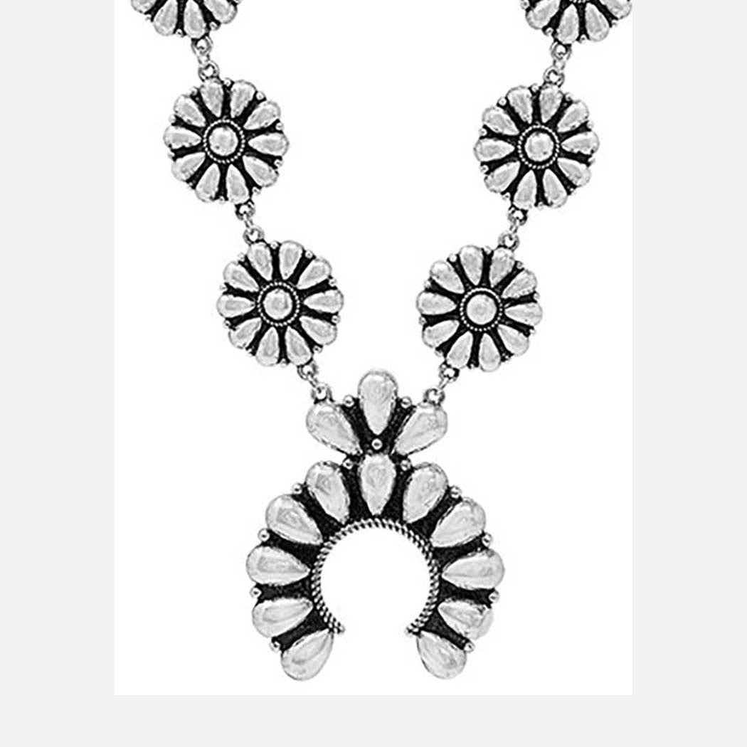 Western Chunky Squash Blossom Statement Necklace,Burnished Silver Rolo Chain, Lobster Clasp, 22+3