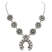 Western Chunky Squash Blossom Statement Necklace,Burnished Silver Rolo Chain, Lobster Clasp, 22+3