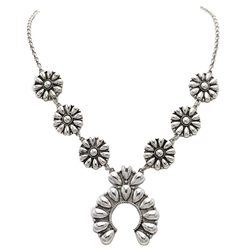 Western Chunky Squash Blossom Statement Necklace,Burnished Silver Rolo Chain, Lobster Clasp, 22+3
