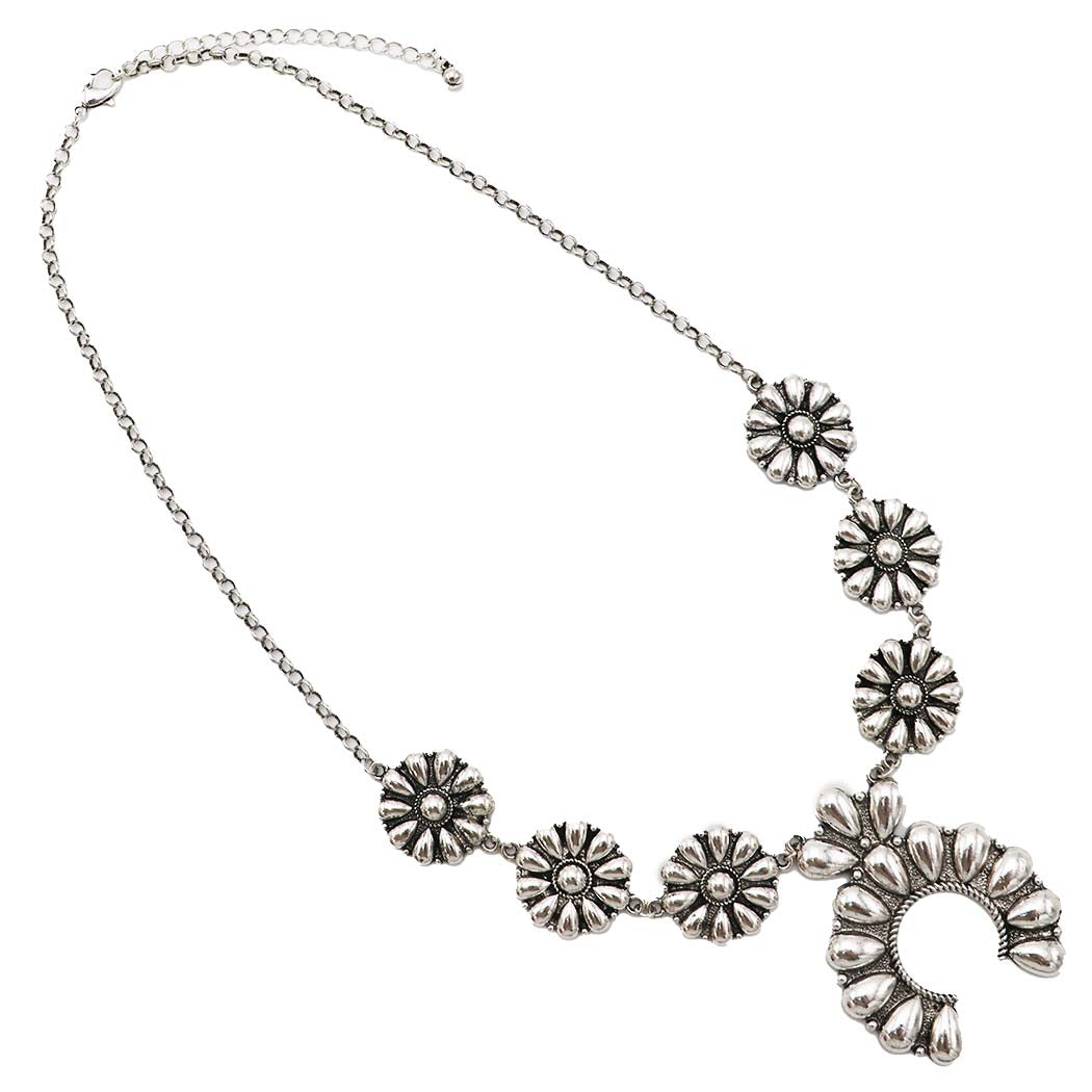 Western Chunky Squash Blossom Statement Necklace,Burnished Silver Rolo Chain, Lobster Clasp, 22+3
