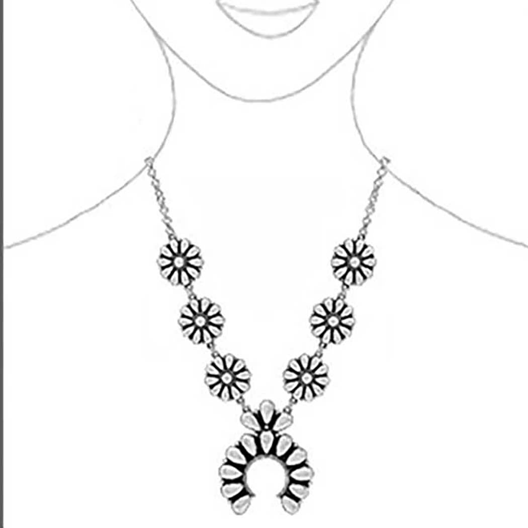 Western Chunky Squash Blossom Statement Necklace,Burnished Silver Rolo Chain, Lobster Clasp, 22+3