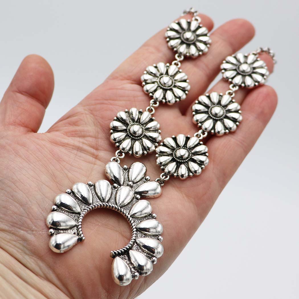 Western Chunky Squash Blossom Statement Necklace,Burnished Silver Rolo Chain, Lobster Clasp, 22+3