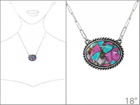 Western Navajo Squash Blossom or Oval Necklace, Pink and Turquoise Stone, Silver Beaded Frame, 18-21 Inch Chain with Extension, Southwestern Style (Oval)