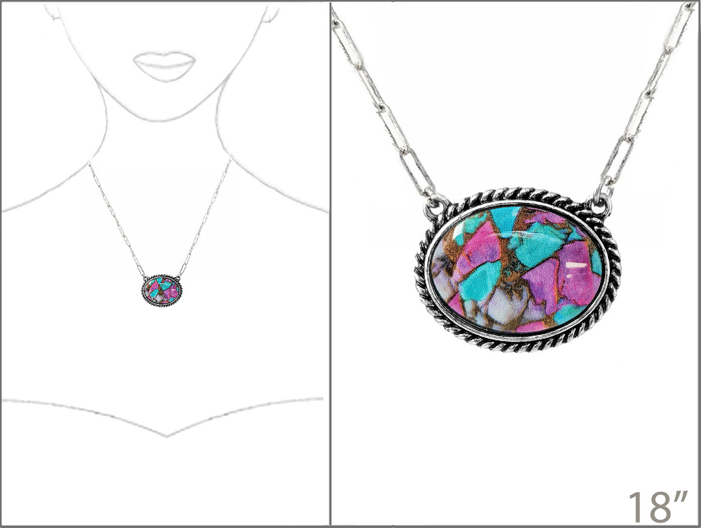 Western Navajo Squash Blossom or Oval Necklace, Pink and Turquoise Stone, Silver Beaded Frame, 18-21 Inch Chain with Extension, Southwestern Style (Oval)