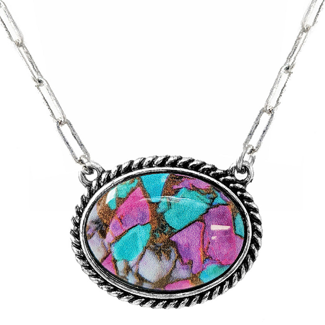 Western Navajo Squash Blossom or Oval Necklace, Pink and Turquoise Stone, Silver Beaded Frame, 18-21 Inch Chain with Extension, Southwestern Style (Oval)