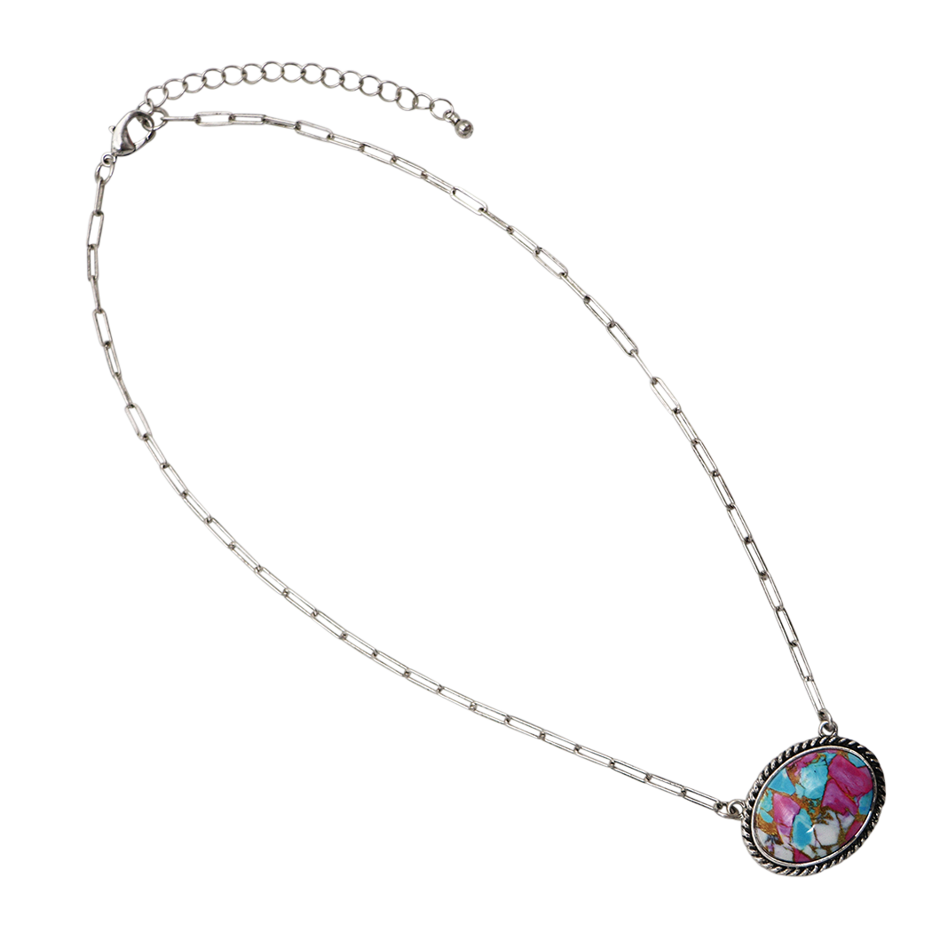 Western Navajo Squash Blossom or Oval Necklace, Pink and Turquoise Stone, Silver Beaded Frame, 18-21 Inch Chain with Extension, Southwestern Style (Oval)