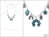 Western Squash Blossom Charm Necklace, Turquoise Howlite Stone, Silver Tone, 7 Charms, 20"+3" Extender